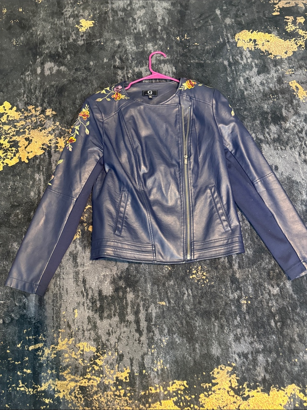 G by Giuliana Navy Faux Leather Jacket with Floral Shoulder Embroidery